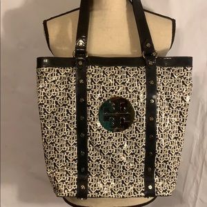 Tory Burch Tote Purse Blue White Studded